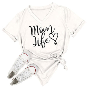 Summer Casual T Shirt Female Tee Loose Tops Fashion Women T-Shirts Mom Life Letter Printed V-Neck Short Sleeve Women's T-shirts