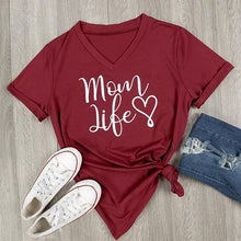 Load image into Gallery viewer, Summer Casual T Shirt Female Tee Loose Tops Fashion Women T-Shirts Mom Life Letter Printed V-Neck Short Sleeve Women&#39;s T-shirts
